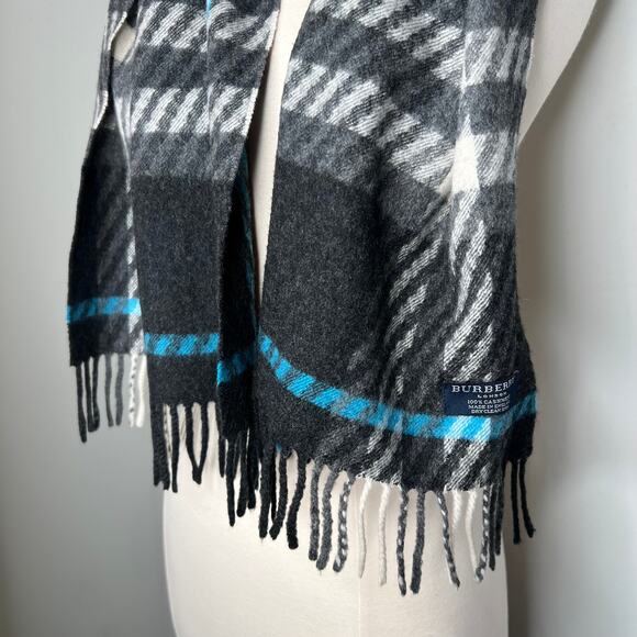Burberry Grey Blue Plaid Check Striped Fringe 100% Cashmere Scarf - Picture 6 of 6